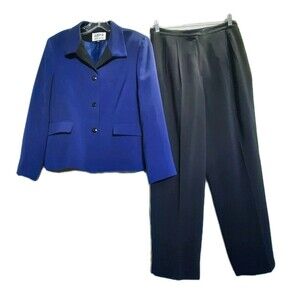 Kasper ASL Arthur S Levine 2 Pc Pantsuit Blue Blazer/Black Slacks Career 10P
